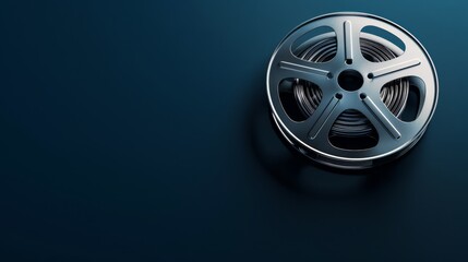 Obraz premium A silver film reel on a dark blue background representing the motion picture industry