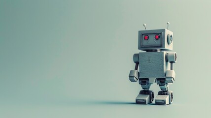 Fototapeta premium Small vintage robot with red eyes stands on plain surface