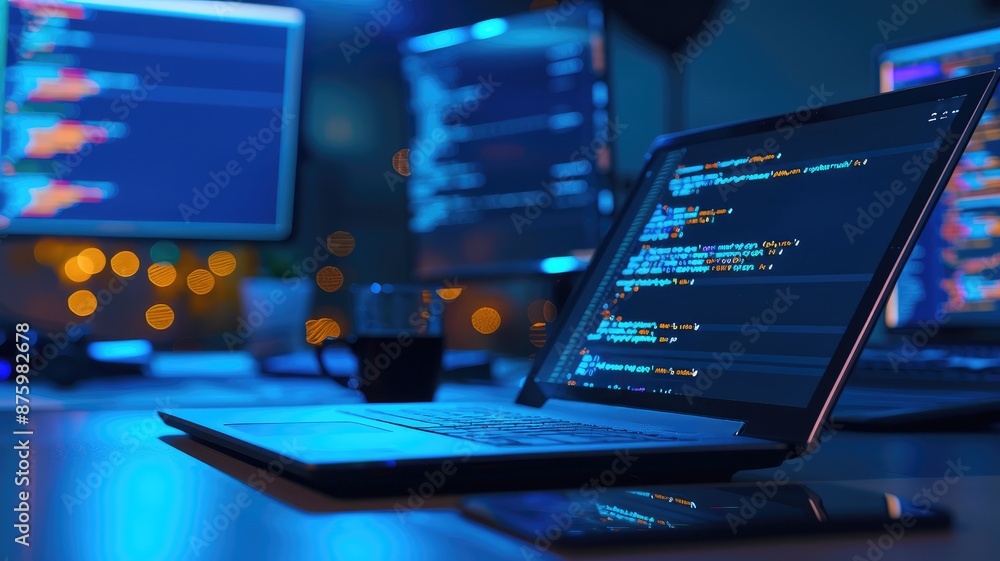 Poster coding on laptop with dual screens in dimly lit room