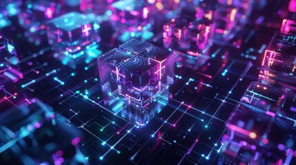 Futuristic blockchain design with neonlit interconnected blocks, hightech hyper realistic environment, digital innovation
