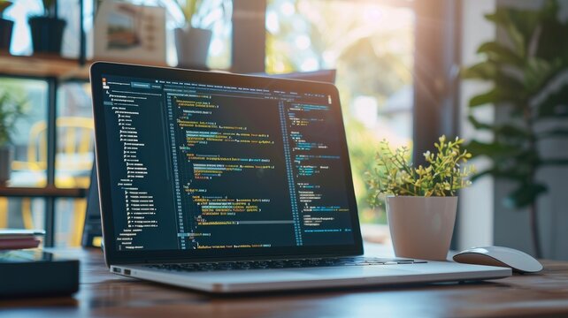 Open laptop with code editor, plants, mouse, in sunlight
