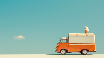 Vintage orange ice cream truck under clear blue sky