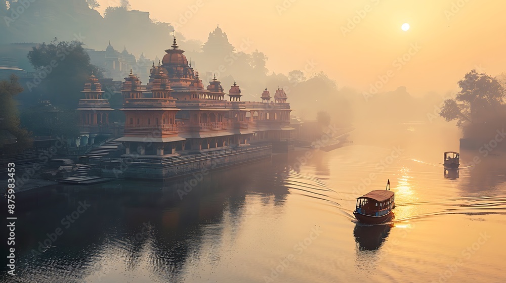 Wall mural picturesque view of an ancient temple with ornate architecture, nestled beside a serene river with a