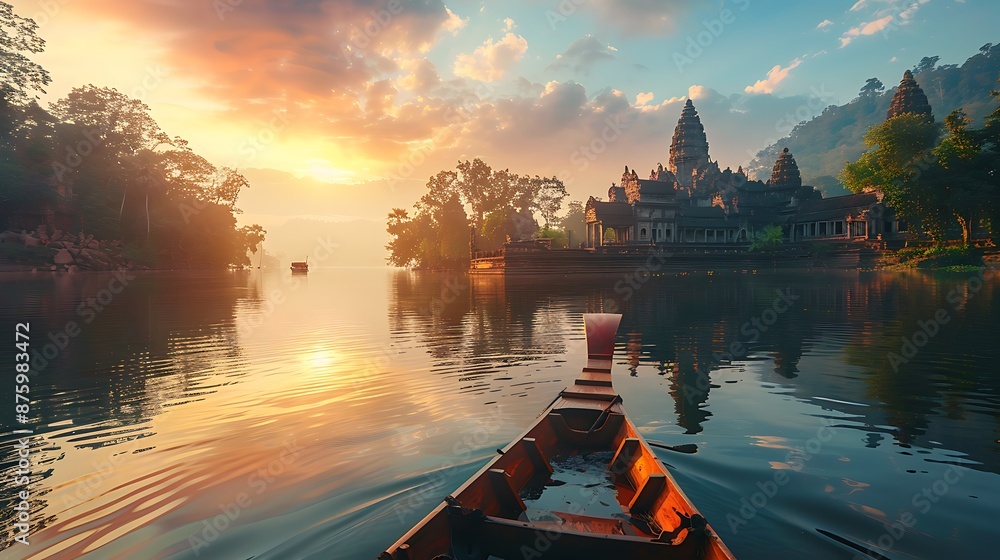 Canvas Prints picturesque view of an ancient temple with ornate architecture, nestled beside a serene river with a