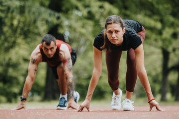 Focused male and female athletes poised at the start line on a running track in a green park, preparing for a sprint.