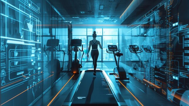 Advanced fitness technology in hightech gym, person exercising, hyper realistic, futuristic fitness theme - Powered by Adobe