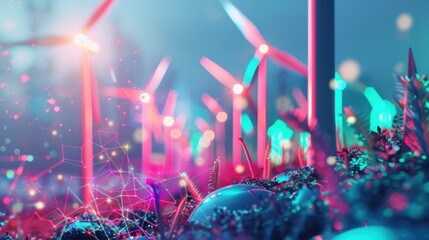 Hyper realistic renewable energy sources, vibrant abstract shapes and colors, futuristic clean technology design