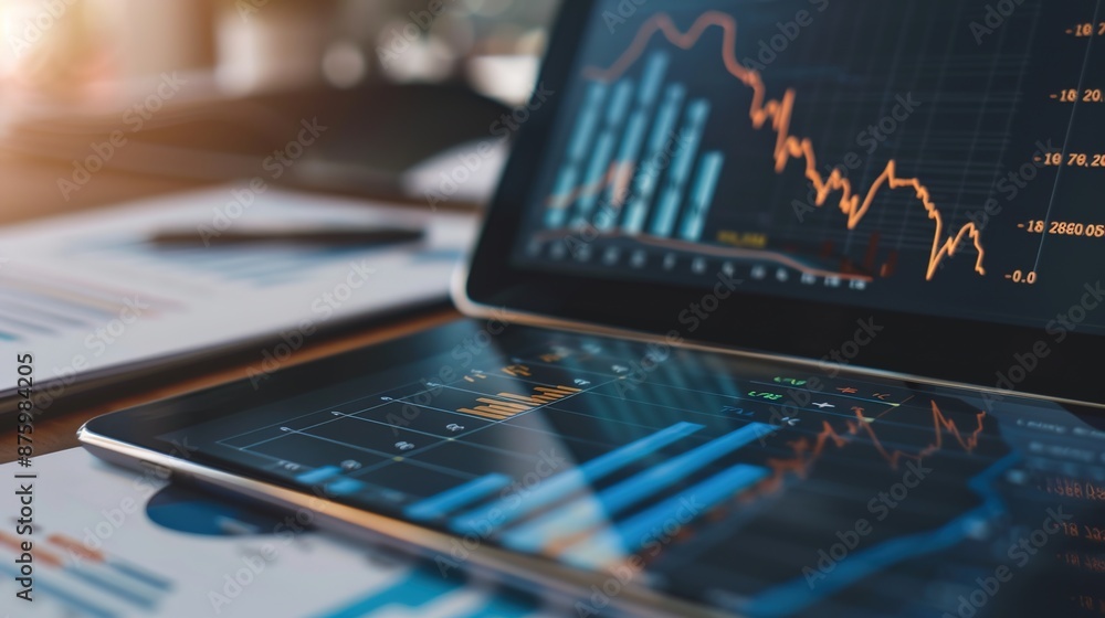 Poster analyzing financial data: graphs and charts on tablet screen with documents background