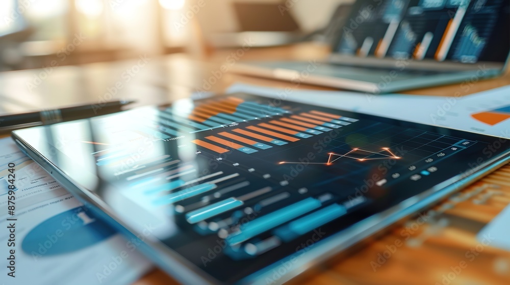 Poster analyzing financial data on tablet screen with graphs and charts, business analysis concept