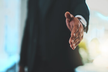 Business, offer and shaking hands in meeting for introduction, support and advice at law firm consultation. Lawyer, attorney or advisor person with handshake for POV client deal, hello and welcome