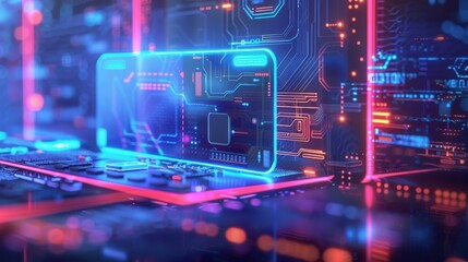 Hyper realistic digital wallet, holographic interfaces, hightech environment, futuristic financial technology