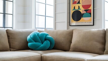 Turquoise blue knot pillow on a beige corner sofa and an abstract poster on a white wall in a modern living room interior