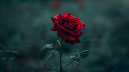 A red rose is the main focus of the image, with its petals and stem visible