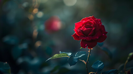 A red rose is the main focus of the image, with its petals and stem visible