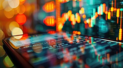Financial News on Smartphone Screen with Abstract Money Patterns Background