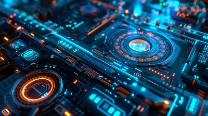 Obraz premium A well-lit close-up of a circuit board with glowing red circuits.