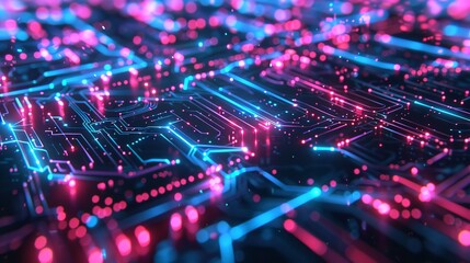 Obraz premium A close up of an intricate circuit board with neon lights, representing the complexity and technology behind artificial intelligence.