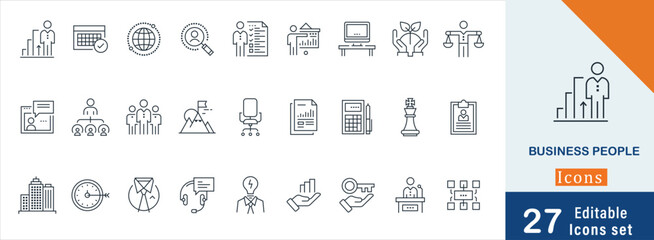 Business people editable outline symbol collection. containing Growth, Balance, Planning, Documents, Budget, Strategy, Chairperson, Office Time Management and more simple line