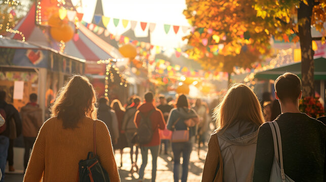 Autumn festival crowd enjoying outdoor market