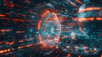Obraz premium A digital rendering of a futuristic cybersecurity interface, with AI algorithms protecting digital locks, shields, and network nodes. Generative AI