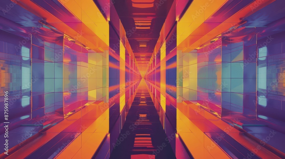 Poster retro glitch effects with symmetrical patterns and bright colors, evoking a nostalgic yet modern abs