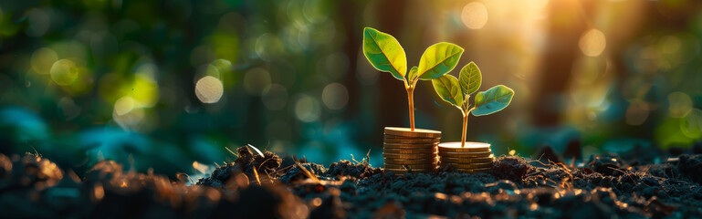 Stack of gold coins with green plants symbolizes investment and economic growth