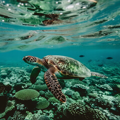 Fototapeta premium Sea turtle swimming under the sea.