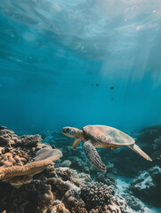 Obraz premium Sea turtle swimming next to coral reef.