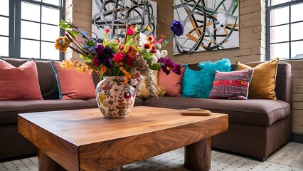 Flowers in vase on wooden coffee table in fashionable living room interior with brown corner sofa with pillows and abstract
