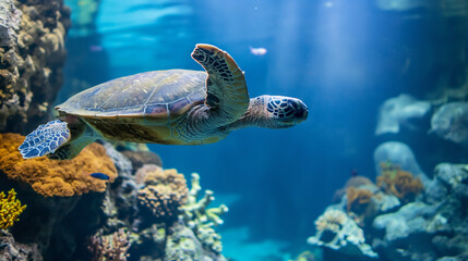 Obraz premium Sea turtle swimming next to coral reef.