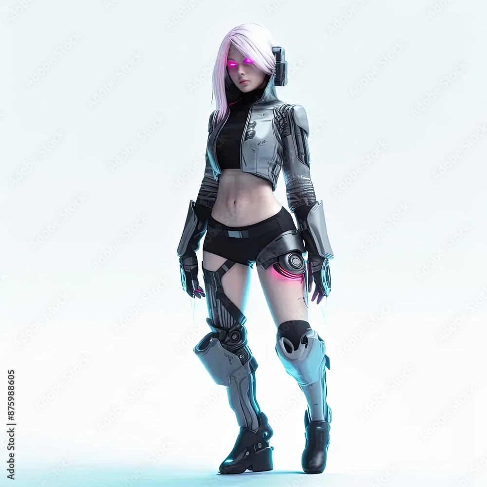 Poster a woman in a futuristic suit standing in front of a white background