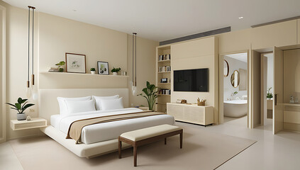 Fototapeta premium Model of the main bedroom in light brown, minimalist style.
