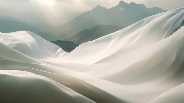 The delicate white fabric dances delicately on the razorsharp ridges of the mountain a fragile beauty amidst the harshness of the landscape.