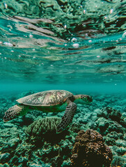 Sea turtle swimming under the sea.