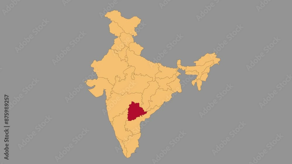 Sticker Telangana map animated video. Map Highlighted on the India map with animation and colour with Gray background in video format.