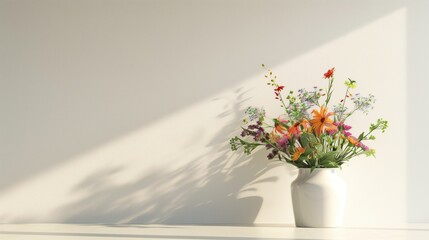 Fototapeta premium A bouquet of flowers by white wall.