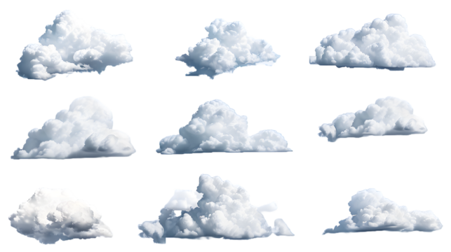 Set of different cumulus cloud formations against a clear blue sky, showcasing their fluffy, white appearance and varying shapes. Set of realistic isolated cloud on the transparent background.