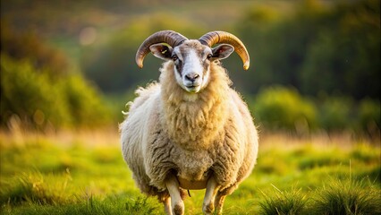 Obraz premium Sheep with majestic horns standing in a field , sheep, horns, animal, livestock, farm, wool, nature, countryside, rural