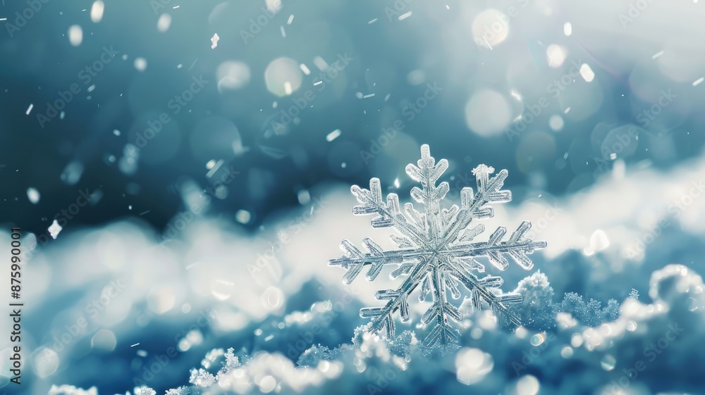 Poster close-up of snowflake on soft snow with falling snowflakes; serene, winter scene