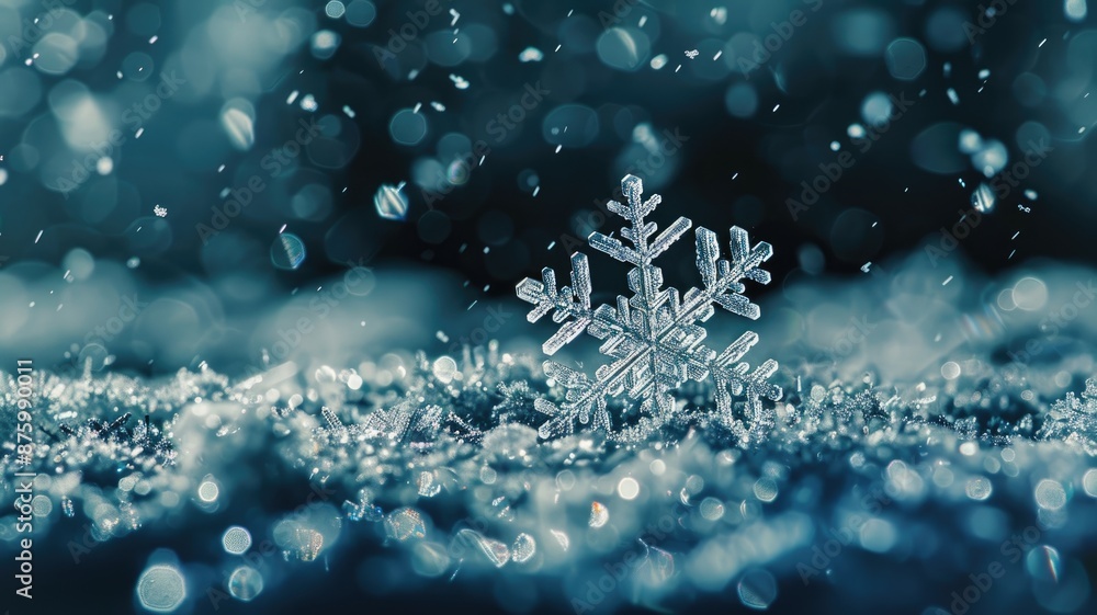Poster close-up of delicate snowflake on ice with blurred lights in background