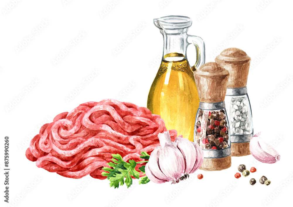 Wall mural Homemade ground beef, minced meet. Cooking food concepts. Hand drawn watercolor illustration isolated on white background