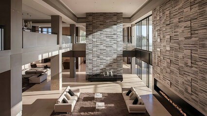 Large modern living room with textured accent wall