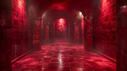 Bright red tiled empty room with dramatic lighting