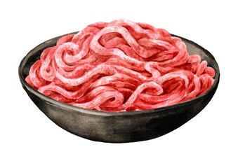 Homemade ground beef, minced meet, Cooking food concept . Hand drawn watercolor illustration isolated on white background