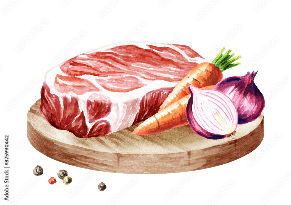 Wall mural Raw beef steakes, food cooking concepts. Hand drawn watercolor illustration isolated on white background