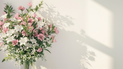 A bouquet of flowers by white wall.
