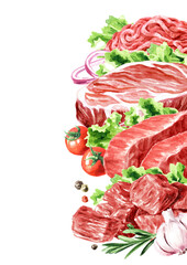 Raw farm  organic meet, food concepts. Hand drawn watercolor illustration isolated on white  background