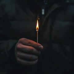 Burning match stick in the hand on a black isolated background
