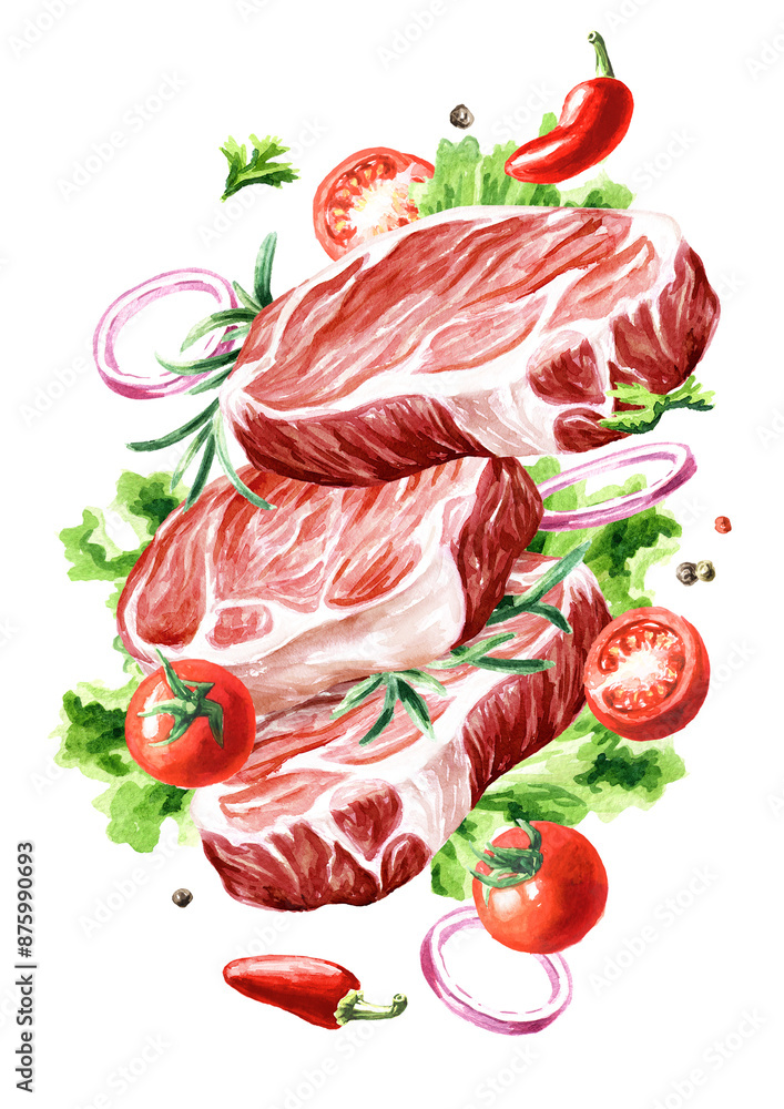 Wall mural Raw fresh organic farm beef steak with vegetables and herbs. Cooking food concept. Hand drawn watercolor illustration isolated on white background