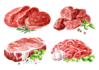 Raw fresh organic farm beef steak and minced meat set. Cooking food concepts. Hand drawn watercolor illustration isolated on white background